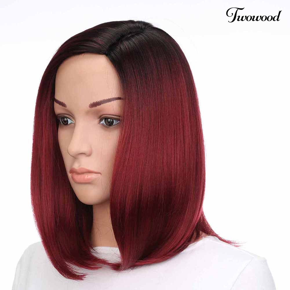 Twowood Perempuan Merah Gradien Rambut Lurus Serat Suhu Tinggi Matte Wig Sopak