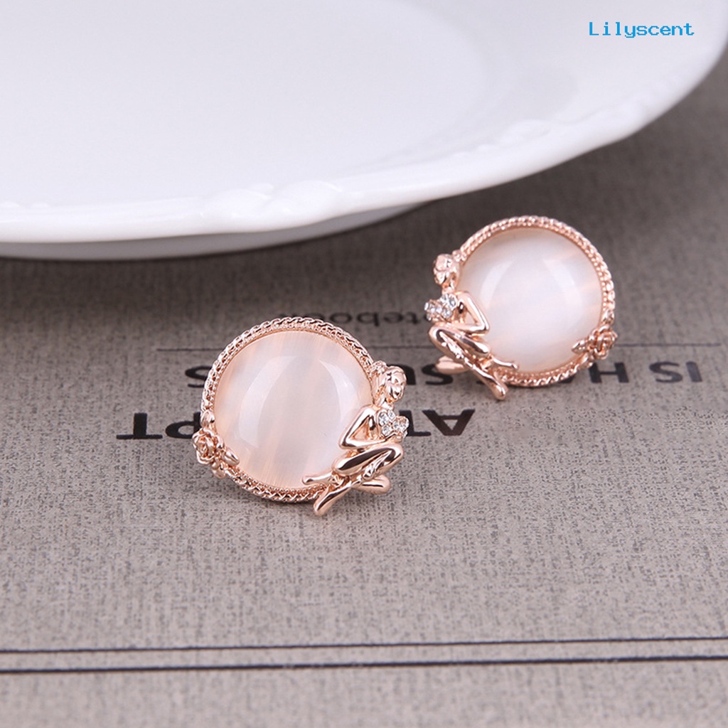 [LS]1 Set Kalung Anting Set High Gloss Bulat Opal Electroplating Kristal Imitasi Dress Up Stud Anting Liontin Kalung Set Perhiasan Aksesori