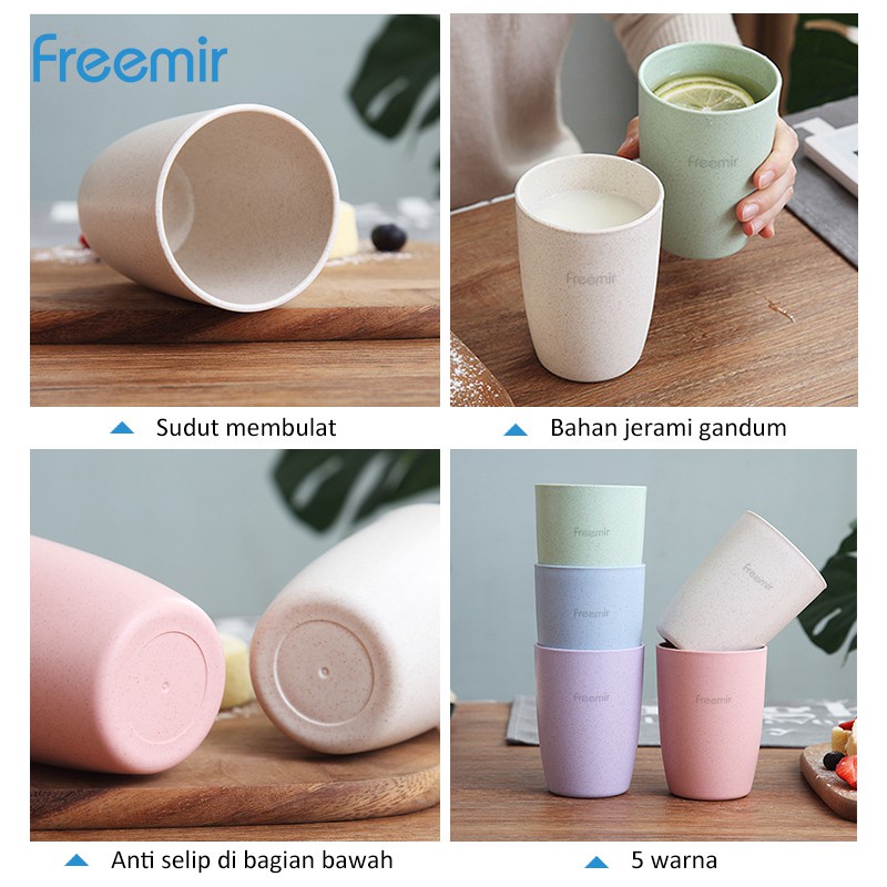 freemir 5 Pcs Gelas Set Plastik Wheat Straw Mix Warna Biru Pink Hijau Krem Ungu