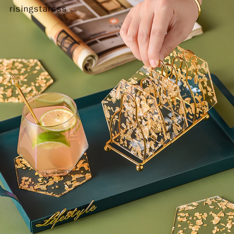 Rsid Span-new Acrylic Gold Foil Coaster Peredam Panas Alas Meja Cup Pads Cangkir Teh Kopi Mug Jelly