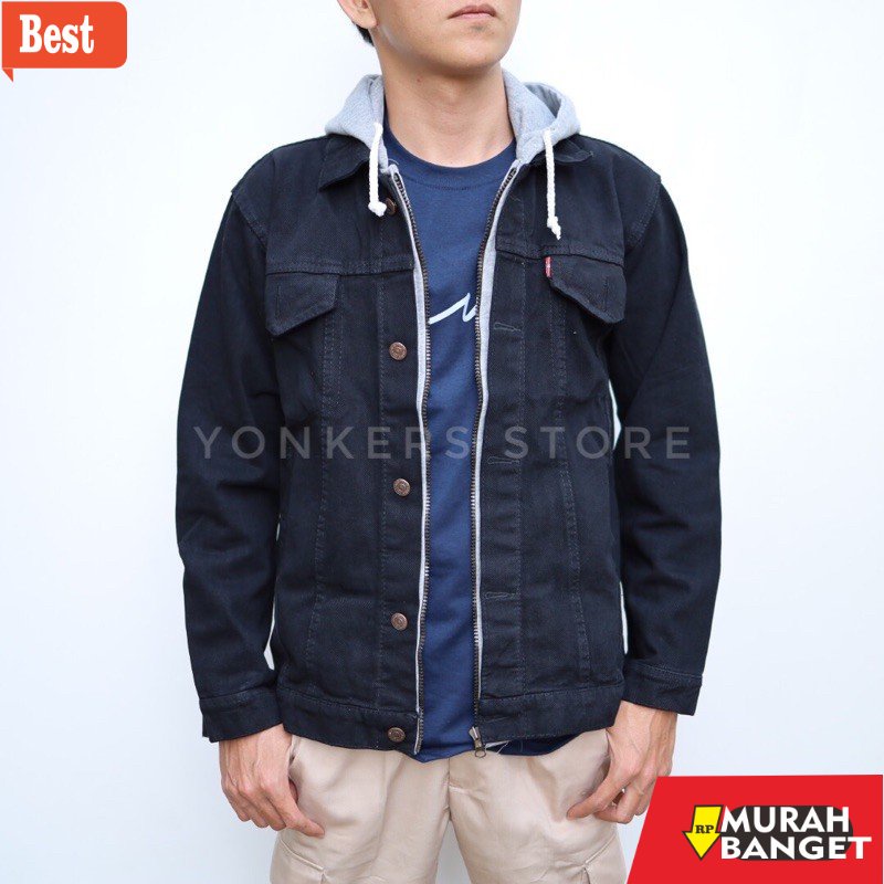 Jaket denim pria terbaru- Jaket Jeans Ariel Double Sleting / Jaket Jeans Hoodie Ariel - Hitam