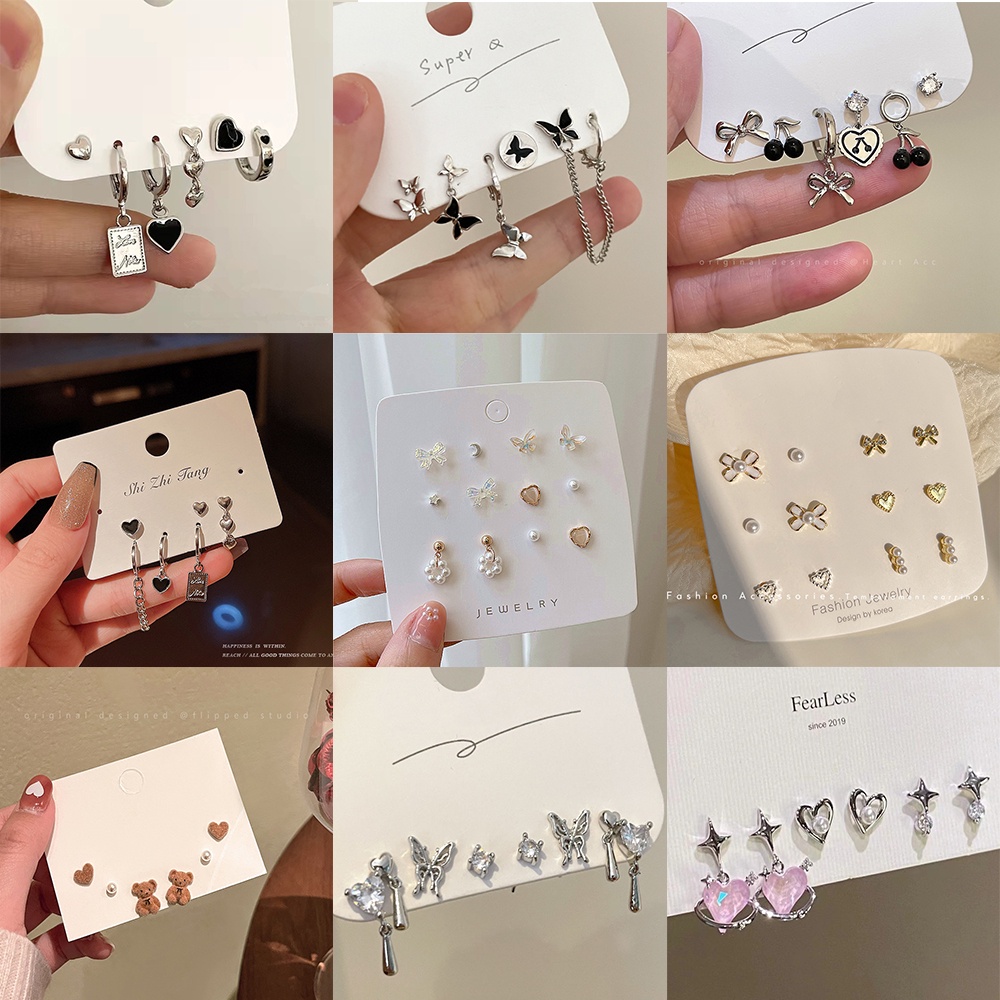 Yeezii Fashion Mutiara Kristal Hati Kupu-Kupu Anting Set Untuk Wanita Hypoallergenic Elegan Perak Kartun Stud Earring Perhiasan Aksesoris