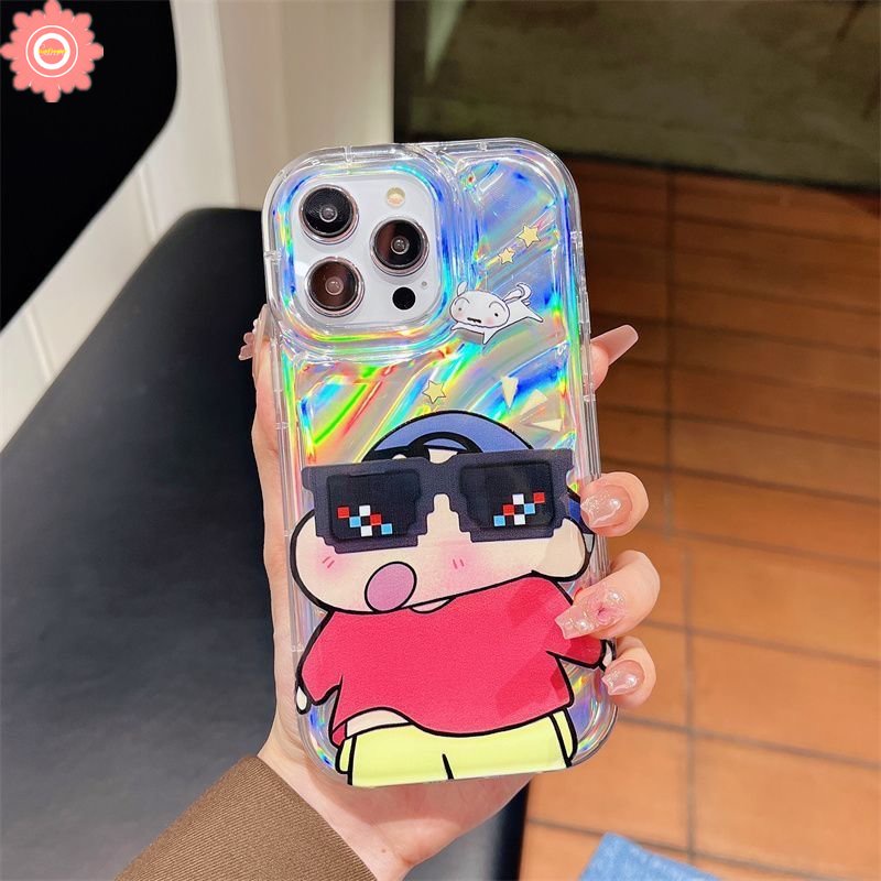 IPHONE Kacamata Hitam Keren Crayon Shin-Chan Casing Kartu Laser Mewah Kompatibel Untuk Iphone11 13 14 12 Pro MAX 7Plus XR 8 6 6S Plus X XS MAX SE 2020 Dazzle Color 3D Stereo Corrugation Soft Case