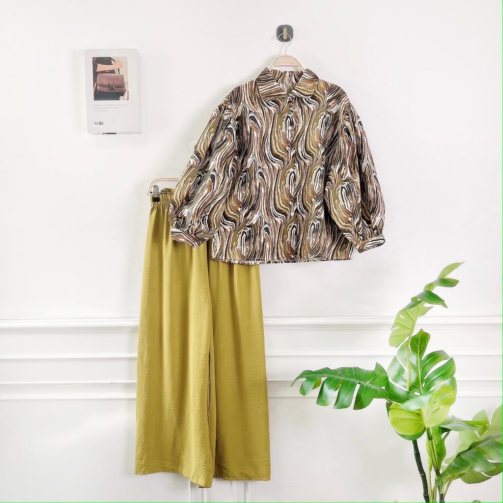 BEFAST - ZEC OOTD WANITA SETELAN ARISA / One Set Ghalaxie Marble / Pakaian Casual Wanita / Set Atasan Kemeja Lengan Panjang Motif Abstrak+Celana Kulot Panjang / Fashion Kekinian Remaja ABG / Setelan Terlaris