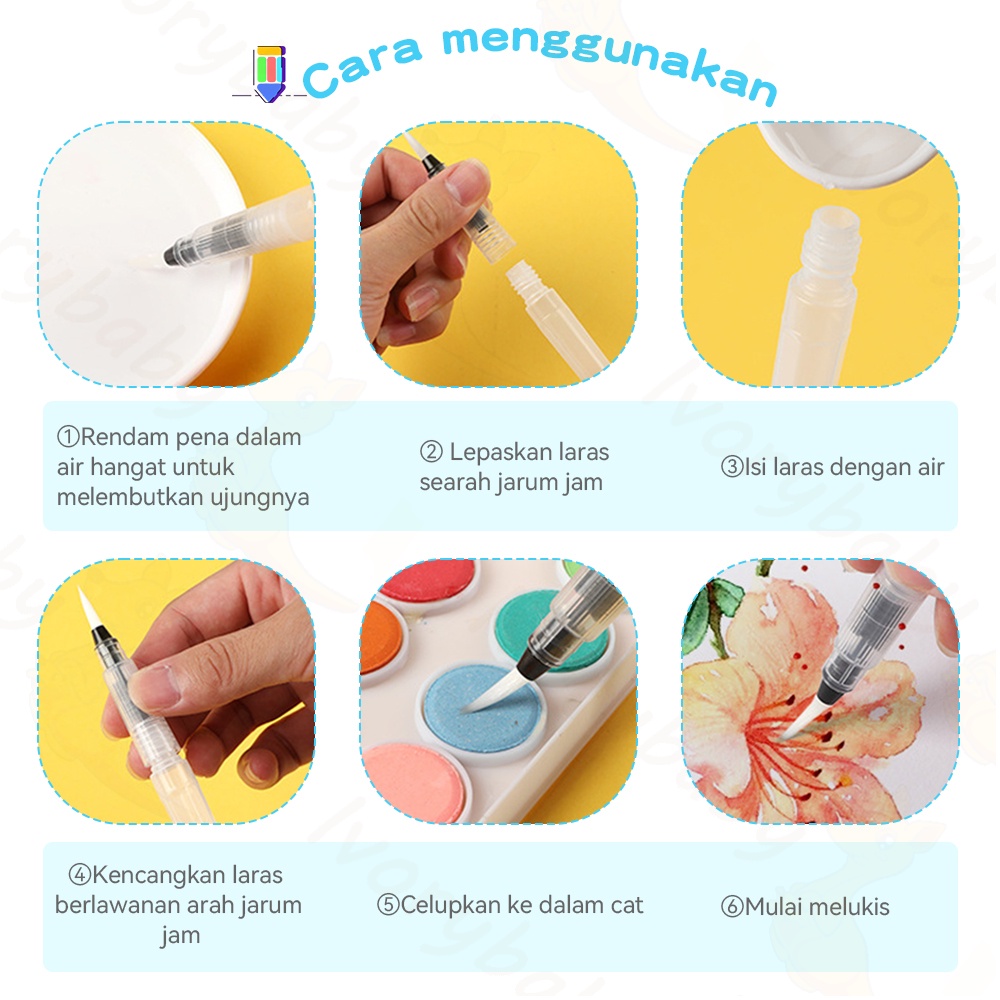 Ivorybaby Kuas cat air 6pcs Water brush pen aet Water kuas pena untuk melukis