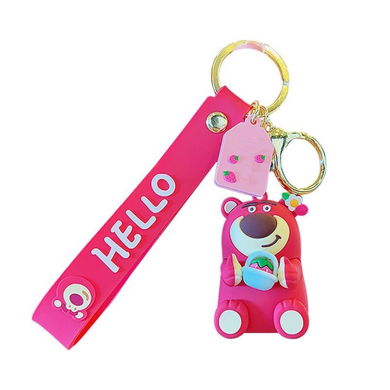 Kartun Strawberry Beruang Boneka Gantungan Kunci Silikon Stitch Anime Figurine Phone Bag Key Ring Pendant