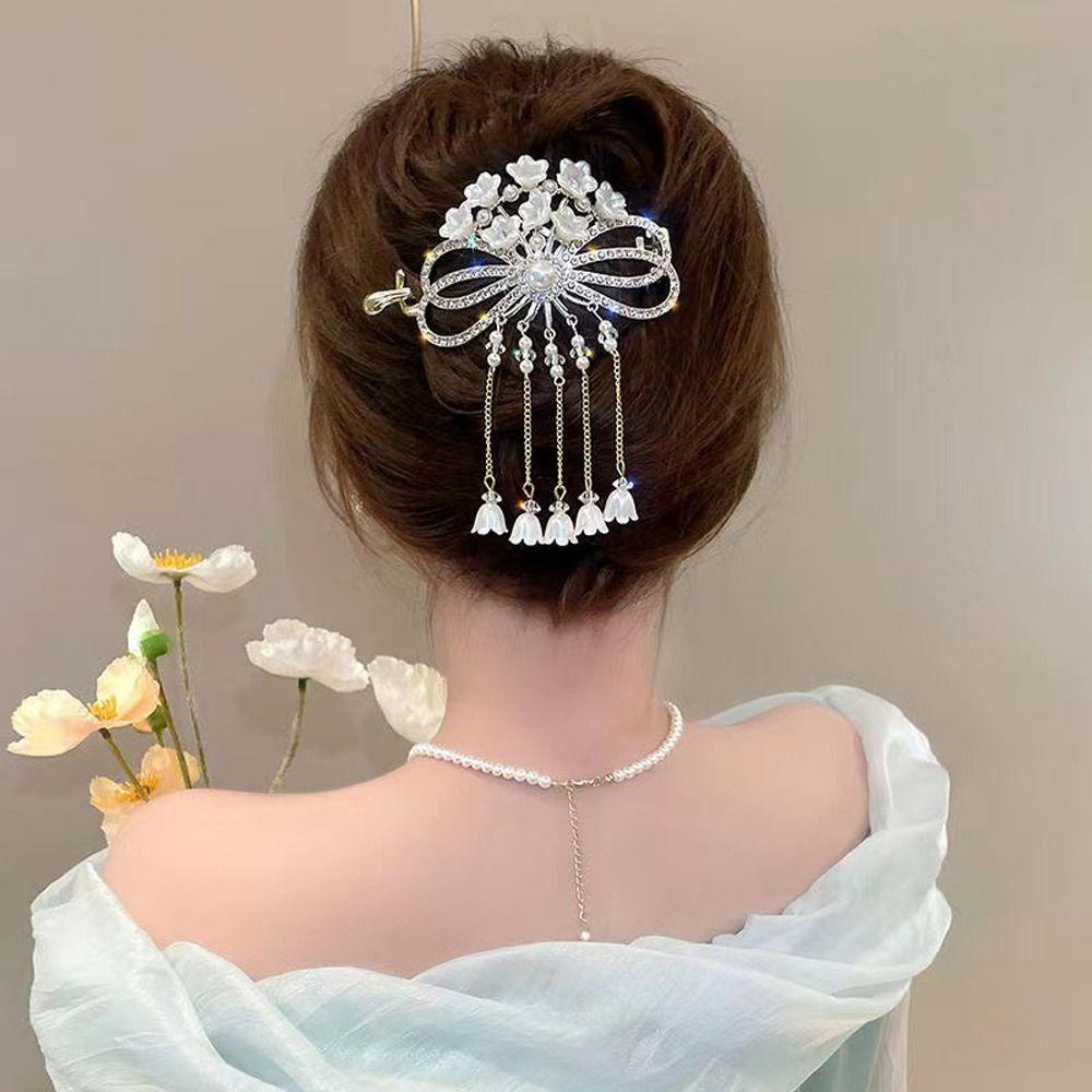 Needway Wanita Ponytail Holder Bow Knot Elegan Bell Bunga Anggrek Berlian Imitasi Alloy Gaya Cina Klip Rambut Untuk Hadiah Ulang Tahun