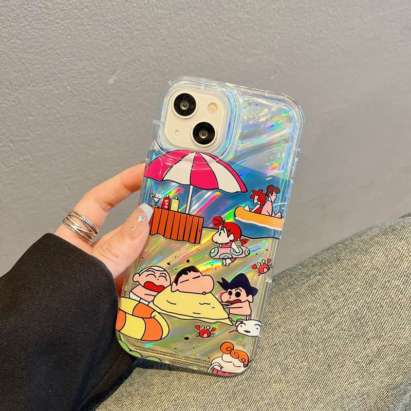 【Laser Popsocket】 Crystal Wave So Cool Funny Crayon Shin-chan Airbag Soft Case for IPhone 7 8 Plus X XR XS Max 11 12 13 14 Pro Max 14 Plus SE Women Girl Lovely Cartoon