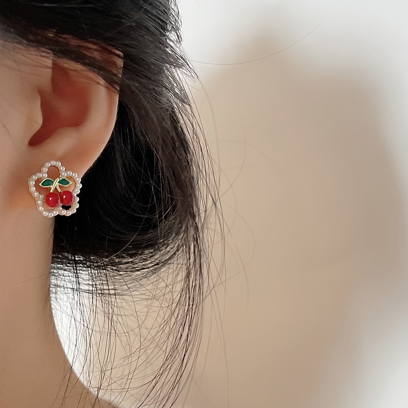 Red Cherry Gadis Manis Mutiara Indah Anting Desain Niche Kecil Yang Lucu