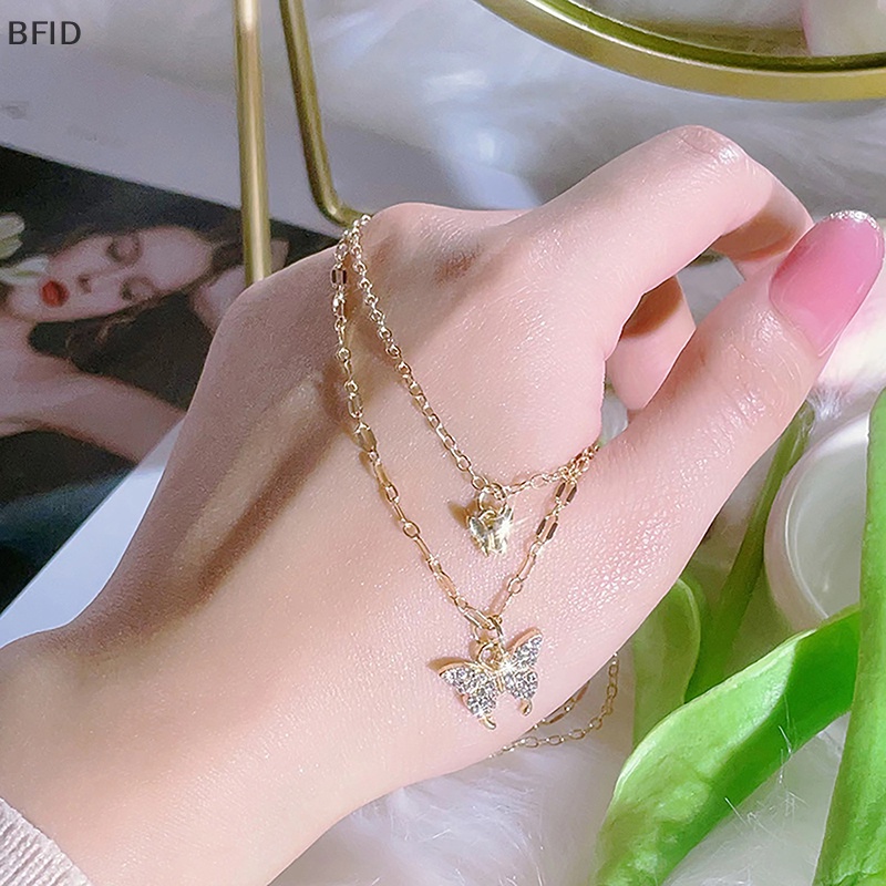 [BFID] Fashion Shiny Butterfly Necklace Ladies Indah Rantai Klavikula Lapisan Ganda Keren Rantai Leher Untuk Wanita Perhiasan Hadiah [ID]