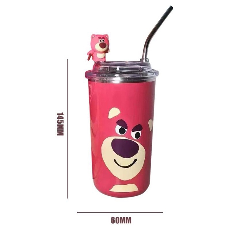 【COD】Strawberry Bear Termos Tumbler Lotso 500ML Strawberry Bear Termos Botol Minum Lotso Dengan Sedotan