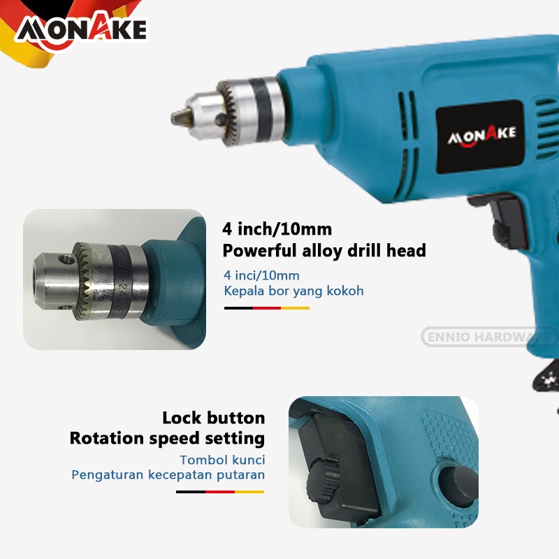 MONAKE Mesin Bor Listrik Impact Drill Electric Drill 10mm MK10 Bolak Balik Free Sarung Tangan