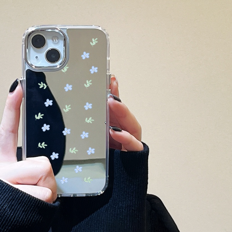 IPHONE Casing Ponsel Cermin Bunga Biru Kecil Segar Kompatibel Untuk Iphone11 12 13 14 12Pro 13Pro 14Pro Pro Max XR X XS Max Electroplating Tombol Perlindungan Mirror Cover