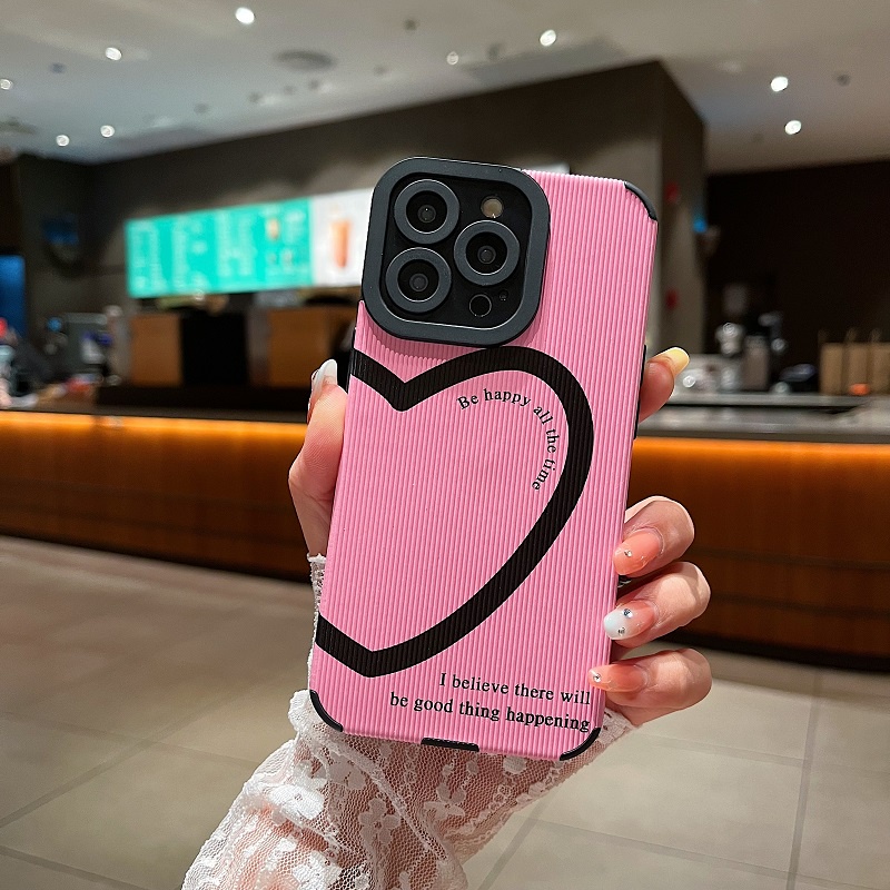 IPHONE Untuk Iphone14 13 12 11 Pro Max X XR XS Max7 8 Plus Pink Hati Inggris Tekstur Vertikal Kulit Pelindung Soft case