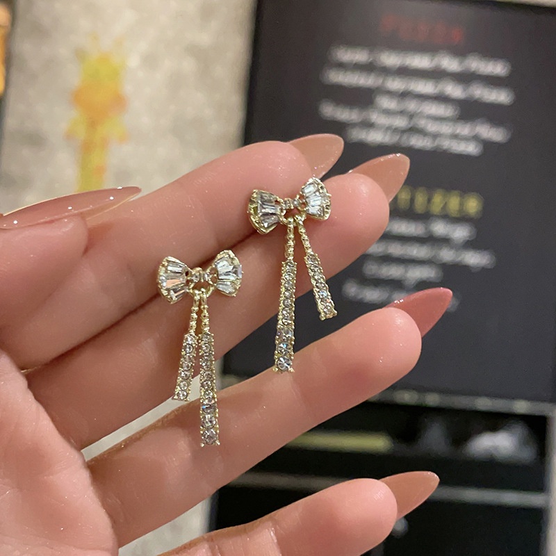 Anting Busur Warna Emas Sederhana Elegent Kristal Ikatan Simpul Studs Zirkon Rumbai Drop Earrings Pesta Pernikahan Wanita Perhiasan