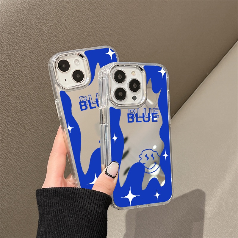 IPHONE Casing Ponsel Cermin Biru Terang Berkilau Kompatibel Untuk Iphone11 12 13 14 12Pro 13Pro 14Pro Pro Max XR X XS Max Electroplating Tombol Perlindungan Mirror Cover