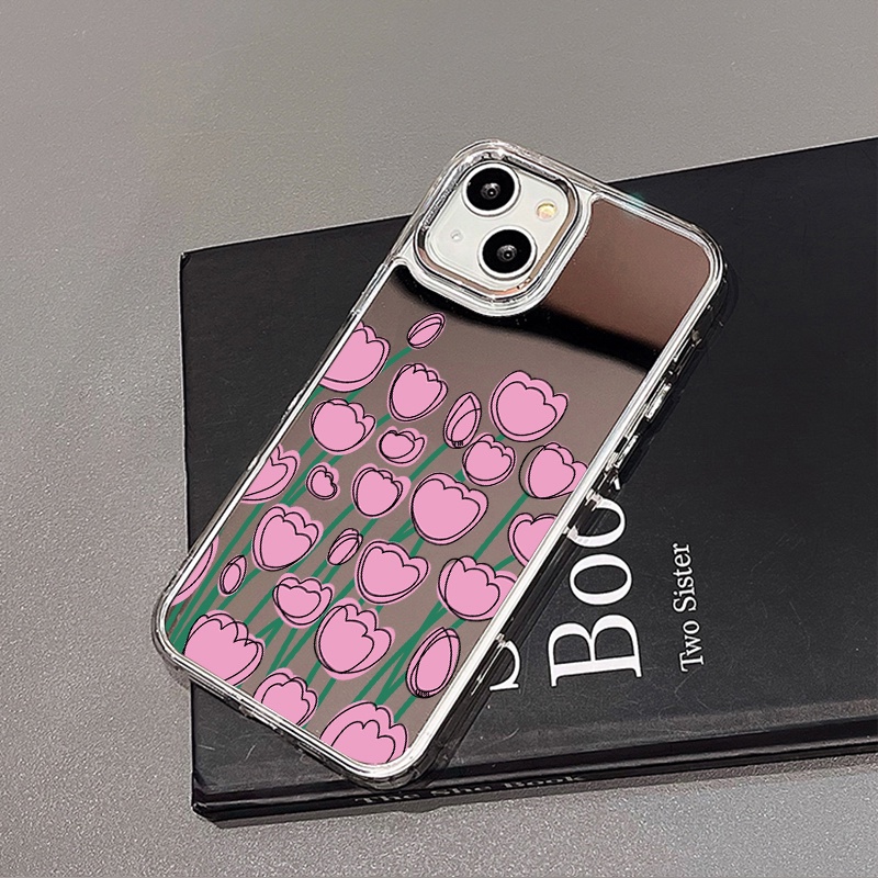 IPHONE Casing Ponsel Cermin Tulip Kartun Pink Kompatibel Untuk Iphone11 12 13 14 12Pro 13Pro 14Pro Pro Max XR X XS Max Electroplating Tombol Perlindungan Mirror Cover