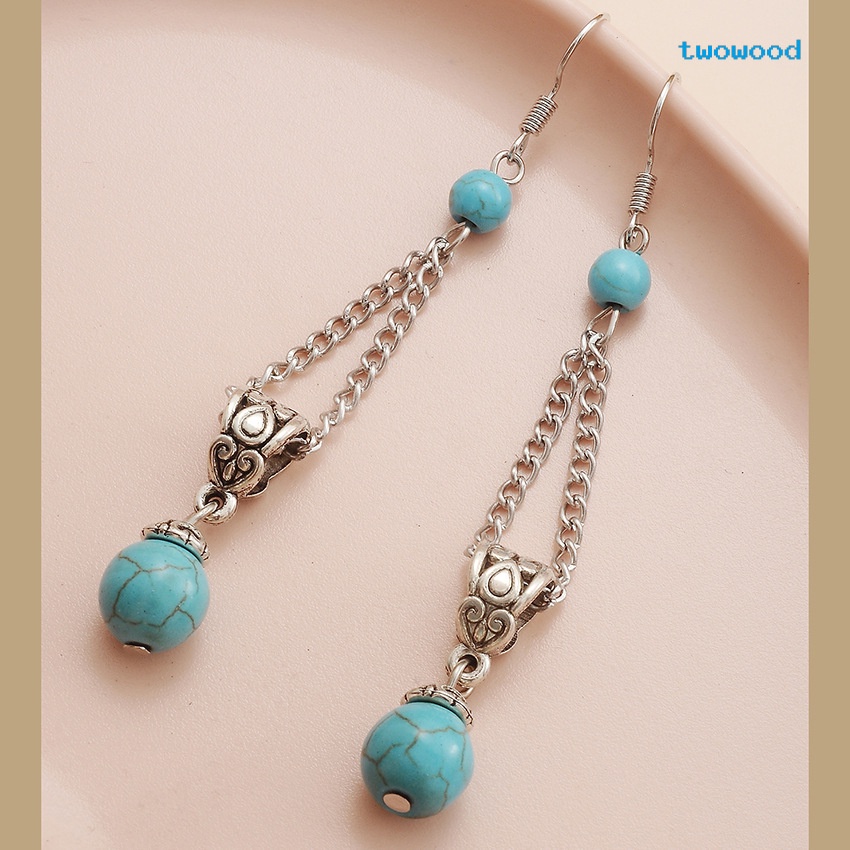 Twowood Turquoise Bead Tassel Anting Panjang Anting Vintage