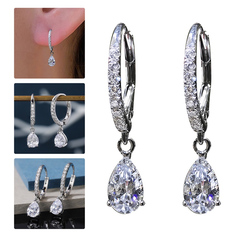 Mewah Warna Perak Bridal Wedding Drop Earring Mempesona Bulat Cubic Zirconia Elegan Aksesoris Statement Menjuntai Earrings Untuk Wanita