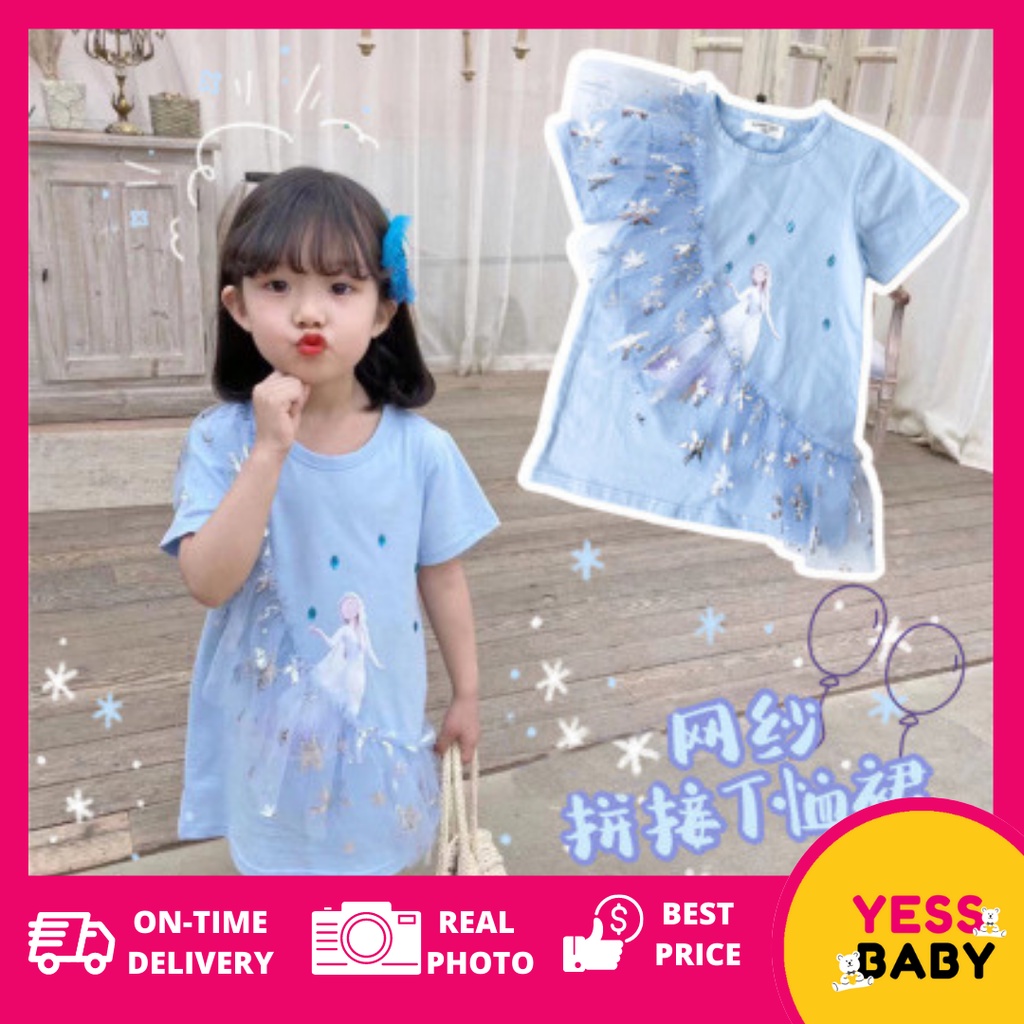 YESSBABY ELSA Dress Anak Perempuan Lengan Pendek T-Shirt Dress Baju Kaos anak cewek usia 1-9 tahun