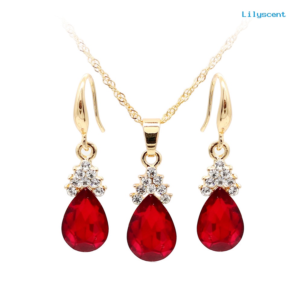 [LS]Vintage Teardrop Berlian Imitasi Wanita Set Perhiasan Kalung Kait Anting Liontin