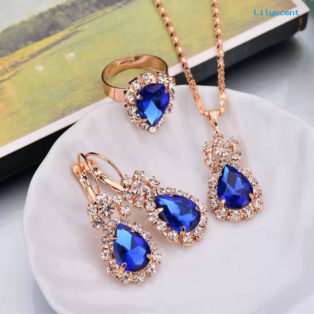 [LS]3Pcs/Set Klip Telinga Warna Cerah Paduan Kalung Anting Cincin Set Tetesan Air Berlian Imitasi Liontin Kalung Anting Cincin Perhiasan Aksesori