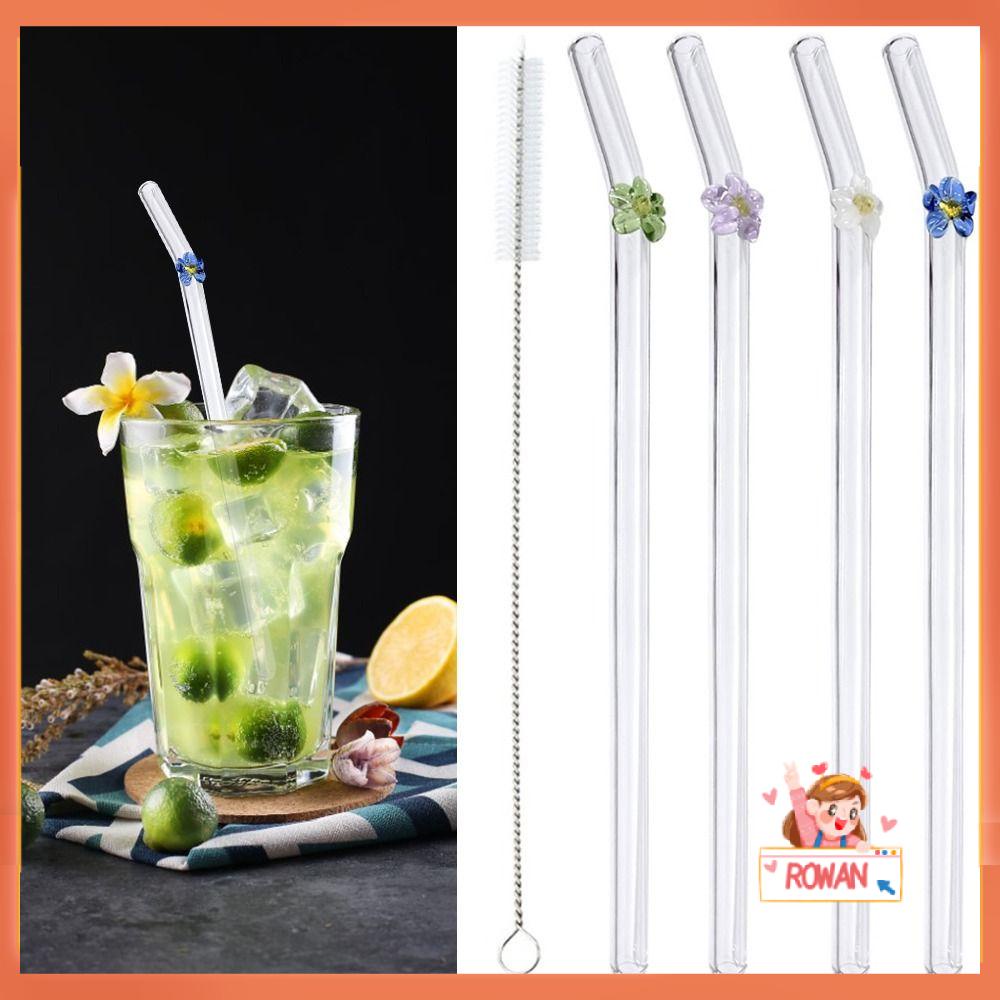 R-FLOWER Sedotan Kaca Bunga Ramah Lingkungan Cocktails Bar Alat Sedotan Lurus Bengkok