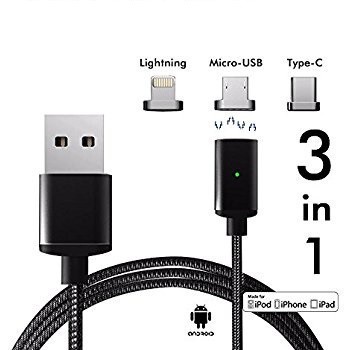 USB Nylon Magnetic 2.4A Fast Charging Data Cable 3 in 1 with LED Indicator