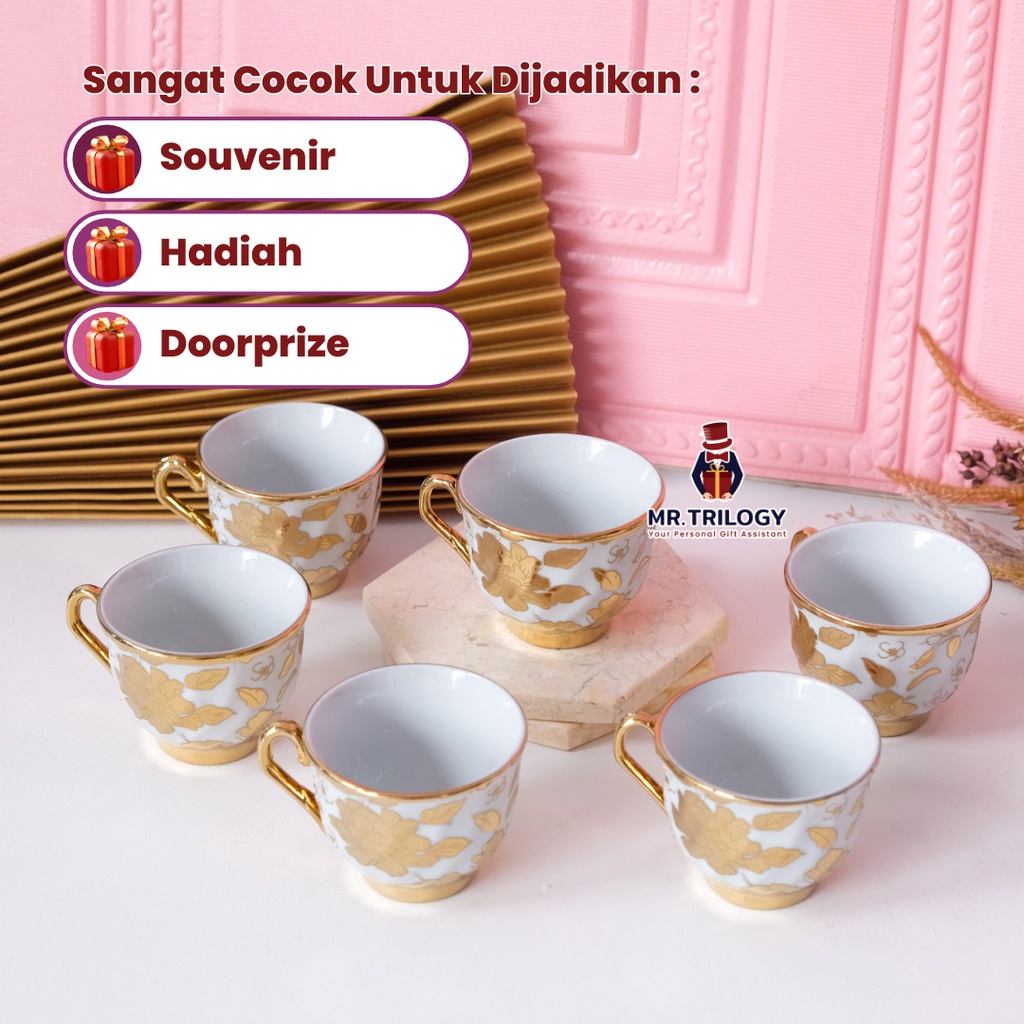Cangkir Teh Set Keramik Emas Gaya Eropa 6 Gelas Cups Kopi Souvenir