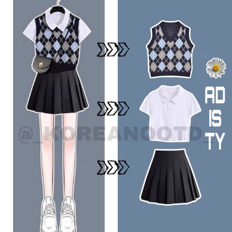 One Set Outfit Korea wanita, Outfit ulzzang, Ootd Korea wanita, Korean style (polo shirt set 10)