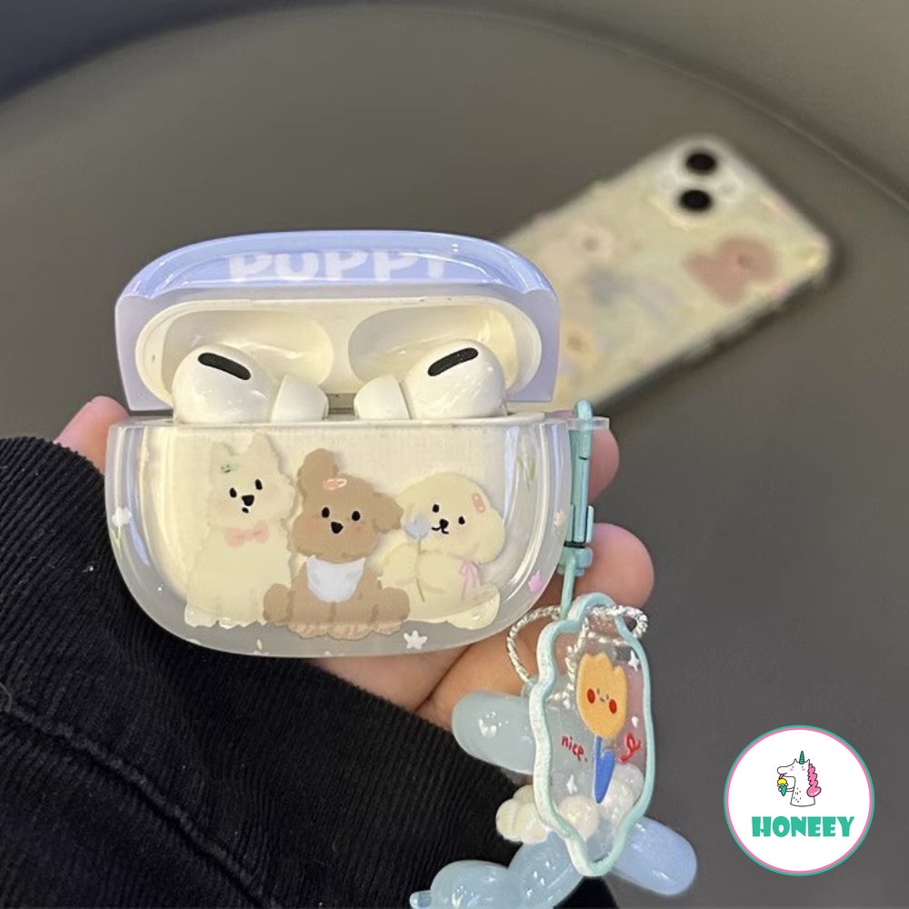 Korea Bunga Lucu Puppy Headset Case Untuk Airpods Pro 2case Dengan Balon Anjing Liontin Nirkabel Earphone Cover Untuk Airpods 1 2 3