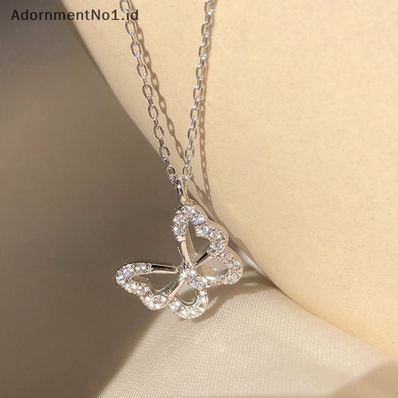 [AdornmentNo1] Fashion warna Silver kalung kupu Hollow untuk wanita zirkon mengkilap rantai klavikula sederhana Ins gaya kalung perhiasan hadiah