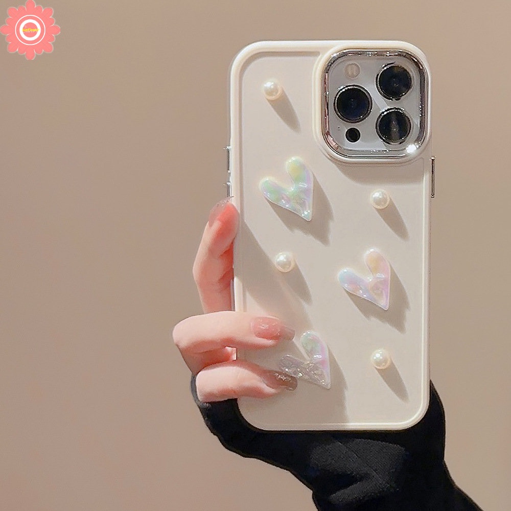 3D Pearl Romantic Love Heart Electroplate Case Compatible for IPhone 11 13 14 12 Pro Max 7plus 8plus XR X 7 8 14 Plus XS MAX Luxury Solid Color Plating Shockproof Soft Case