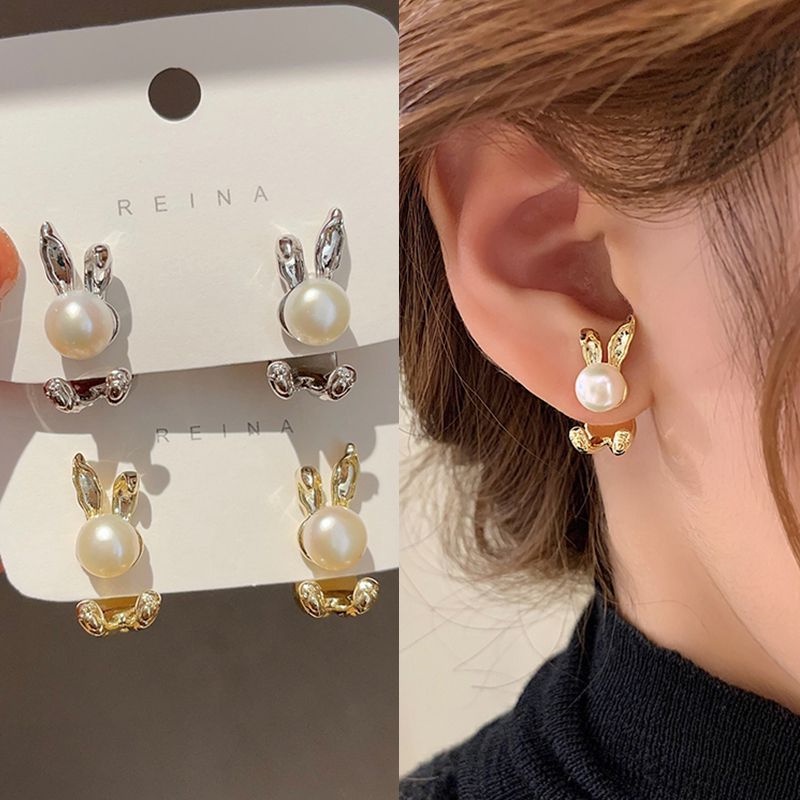 Fashion Pengantin Pernikahan Elegan Anting-Anting Flash Berlian Indah Wanita Korea INS Besar Mutiara Kelinci Berlian Imitasi Stud Anting-Anting Pesta Gadis