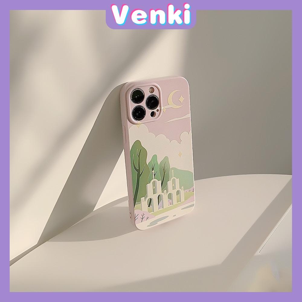 VENKI - Untuk iPhone 11 Case Film TPU Case Cream Glossy Perlindungan Kamera Minimalis Minyak Lukisan Gereja Kompatibel dengan iPhone 14 13 Pro Max iPhone 12 Pro Max XR XS 7Plus 8Plus