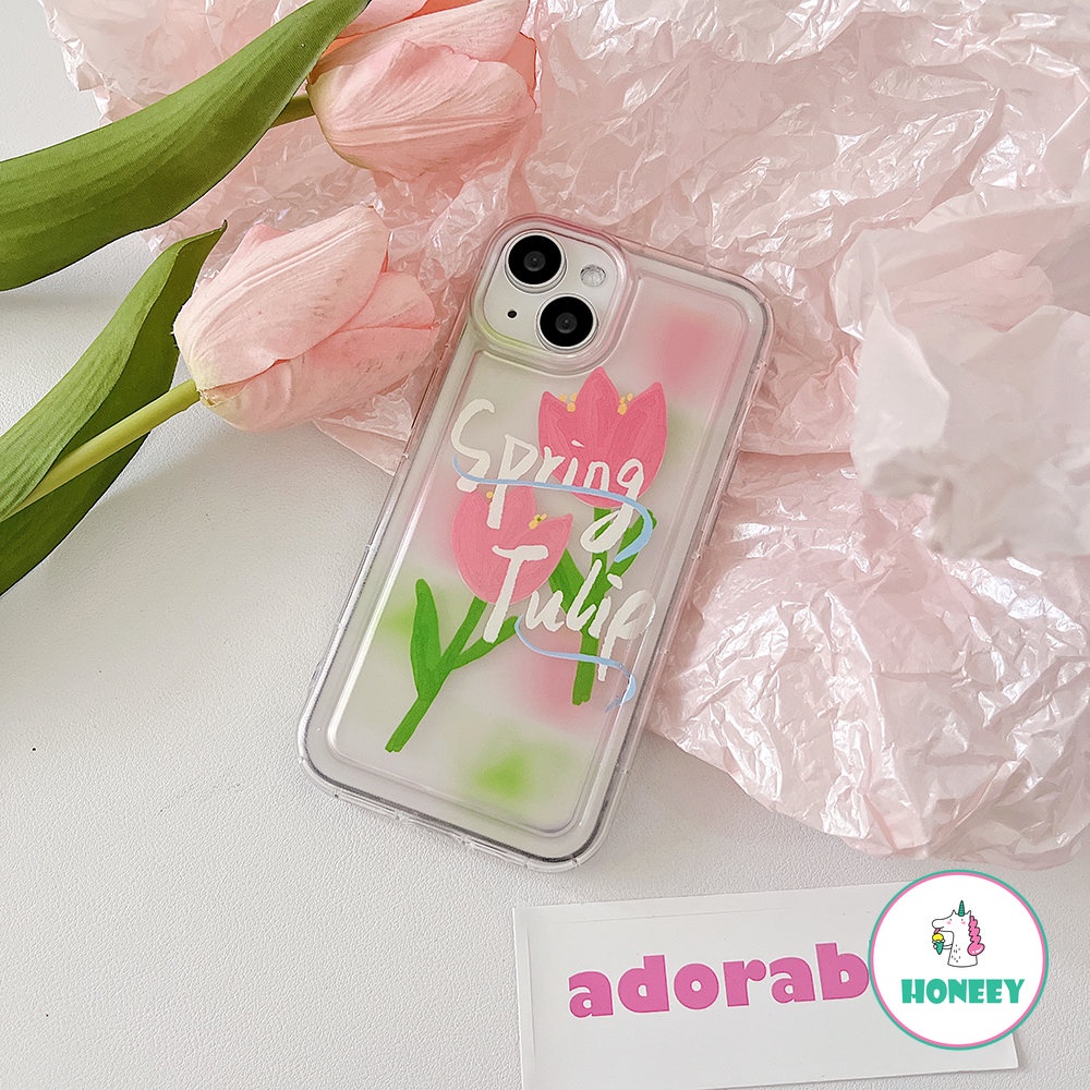 Spring Pink Tulip Phone Case Kompatibel Untuk iPhone 14 Pro 13 12 11 Pro Max XR XS 7 8plus Transparan Anti-Drop Airbag Cover