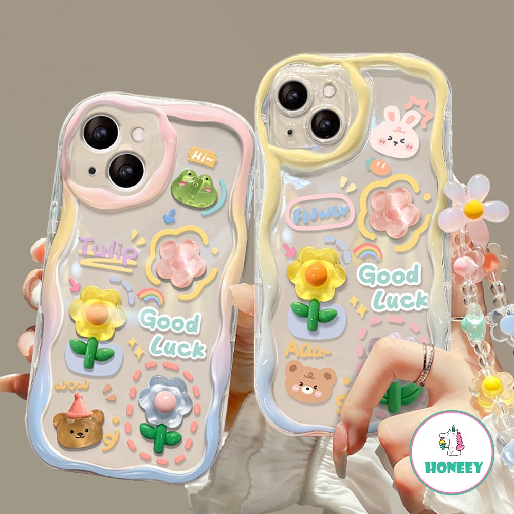 IPHONE Korea 3D Beruang Kelinci Bunga Telepon Rantai Lanyard Bening Soft Case Untuk Iphone11 14 Pro Max12 13 Pro Max Mewah Lucu Penutup Belakang