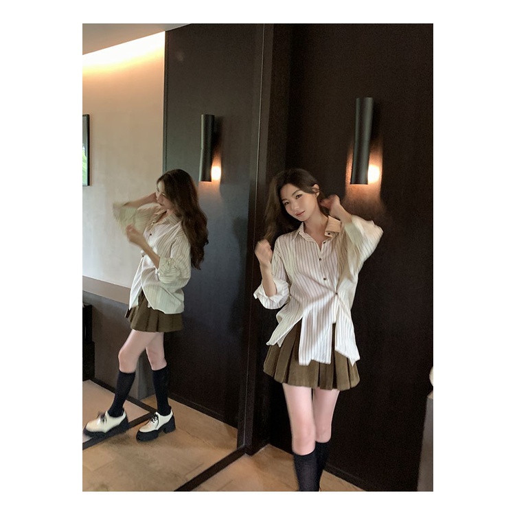 Summer Kemeja Oversize Wanita Polo Lengan Panjang Stripe Shirt