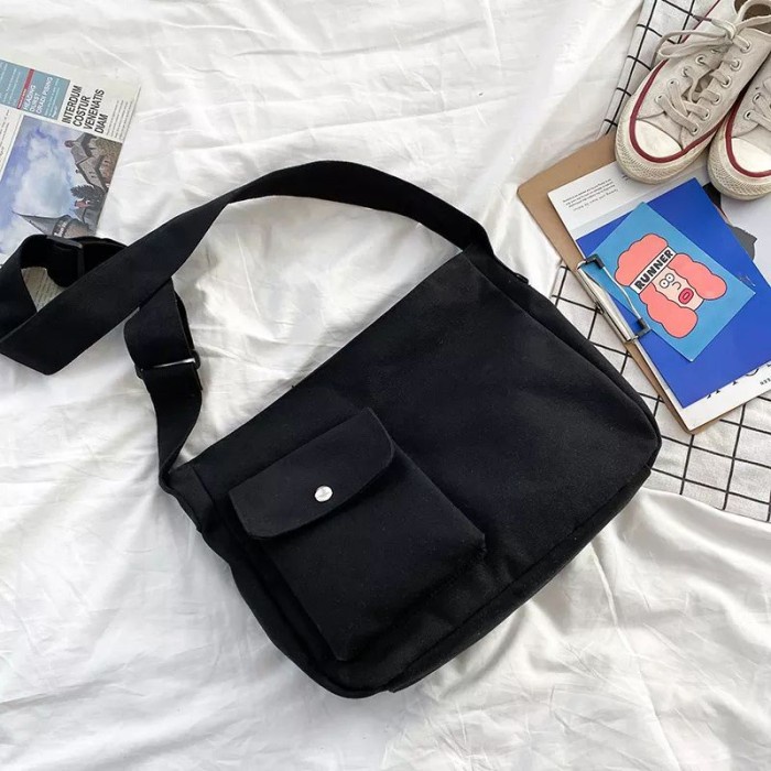 Promo - SLING BAG WANITA BAHAN KANVAS RAISHA - Hitam - Sedia tas selempang totebag pria wanita muat 