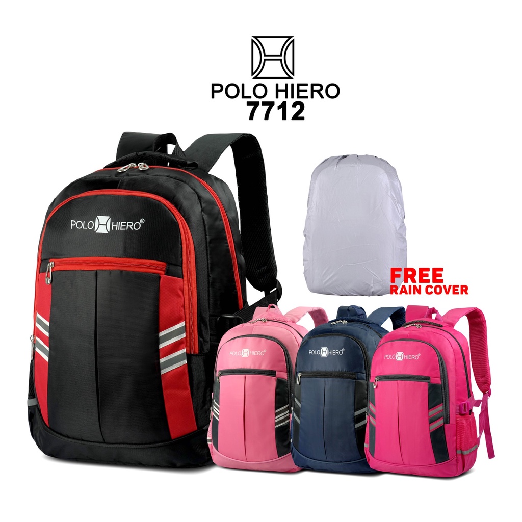 (BagShop) Polo Hiero 7712, Tas Ransel fashion sekolah, Backpack [Free Rain Cover],Tas Rangsel sekola