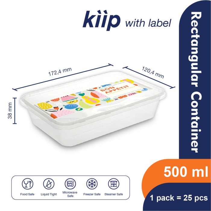 KIIP THINWALL RECTANGLE FOOD CONTAINER 500 ML- BON APPETIT (ISI 25PCS)