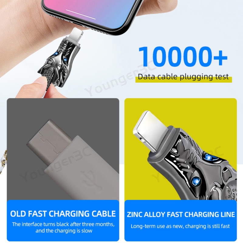 66w Zinc Alloy Dragon Charging Cable 5warna RGB Garis Kawat Super Cepat 5A USB Woven Braided Charging Cord