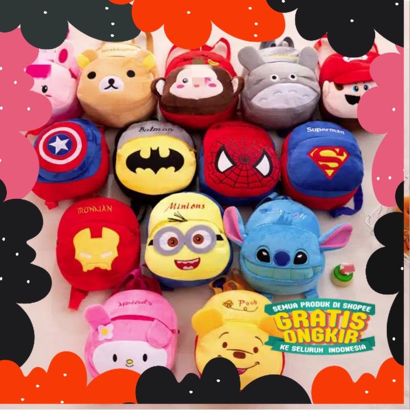 Tas ransel anak usia 1 sampai 3 tahun dengan berbagai karakter kartun lucu berbahan halus dan lembut