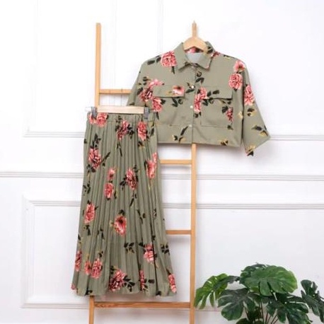 WFS88 Fashion Setelan Rok Wanita Terbaru / One Set Fuji Kemeja Crop & Rok Midi Plisket / Stelan Wani