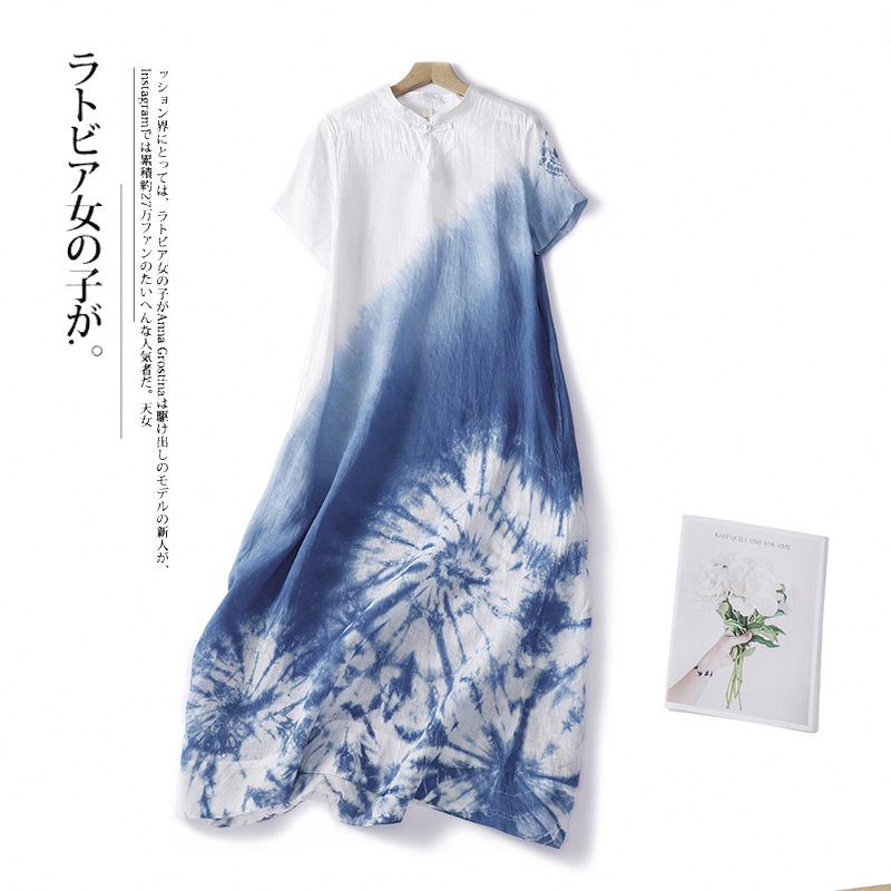 Printed cotton and linen Chinese cheongsam dress