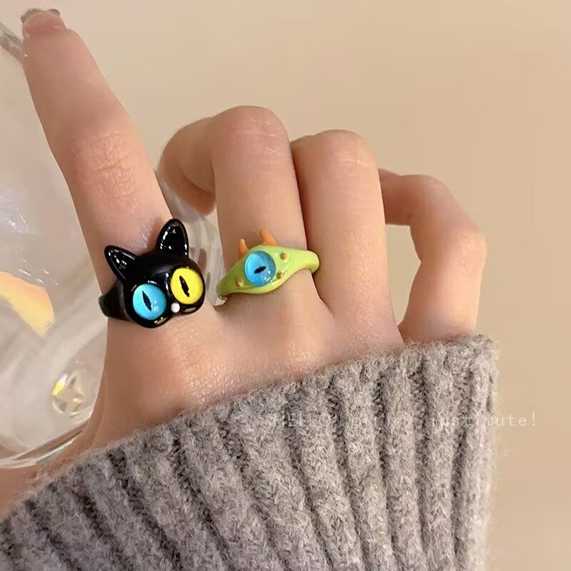 Cincin Monster Kecil Kucing Hitam Lucu Mata Besar Manis Keren Kartun Lucu Pacar Pasangan Cincin Hadiah Perhiasan