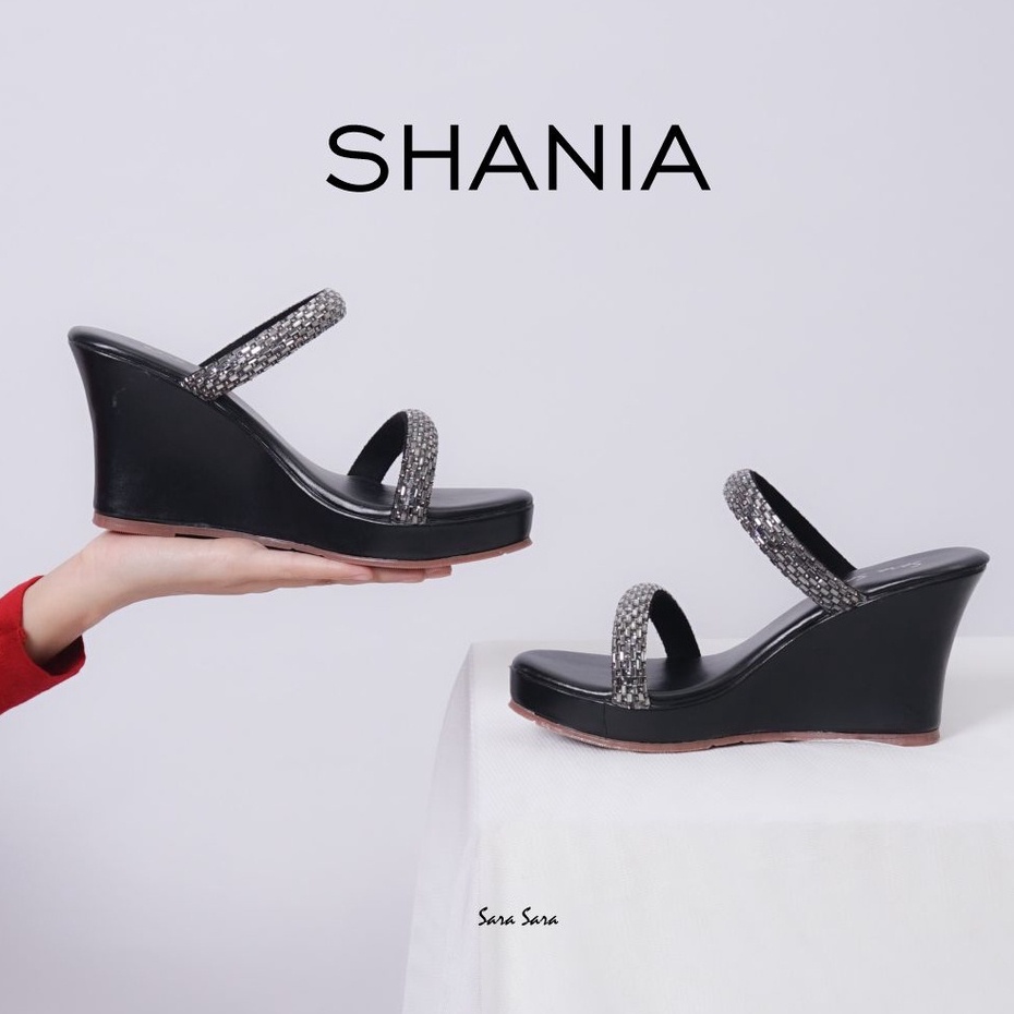 Sara Sara SHANIA Sandal Wedges slop wanita casual model dua starp kekinian