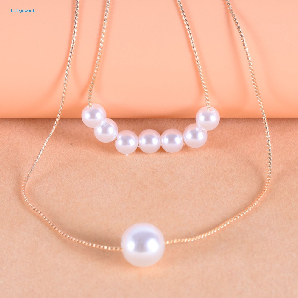 Lilyscent Fashion Wanita Kalung Jepang Korea Mutiara Imitasi Berlapis Ganda Rantai Liontin