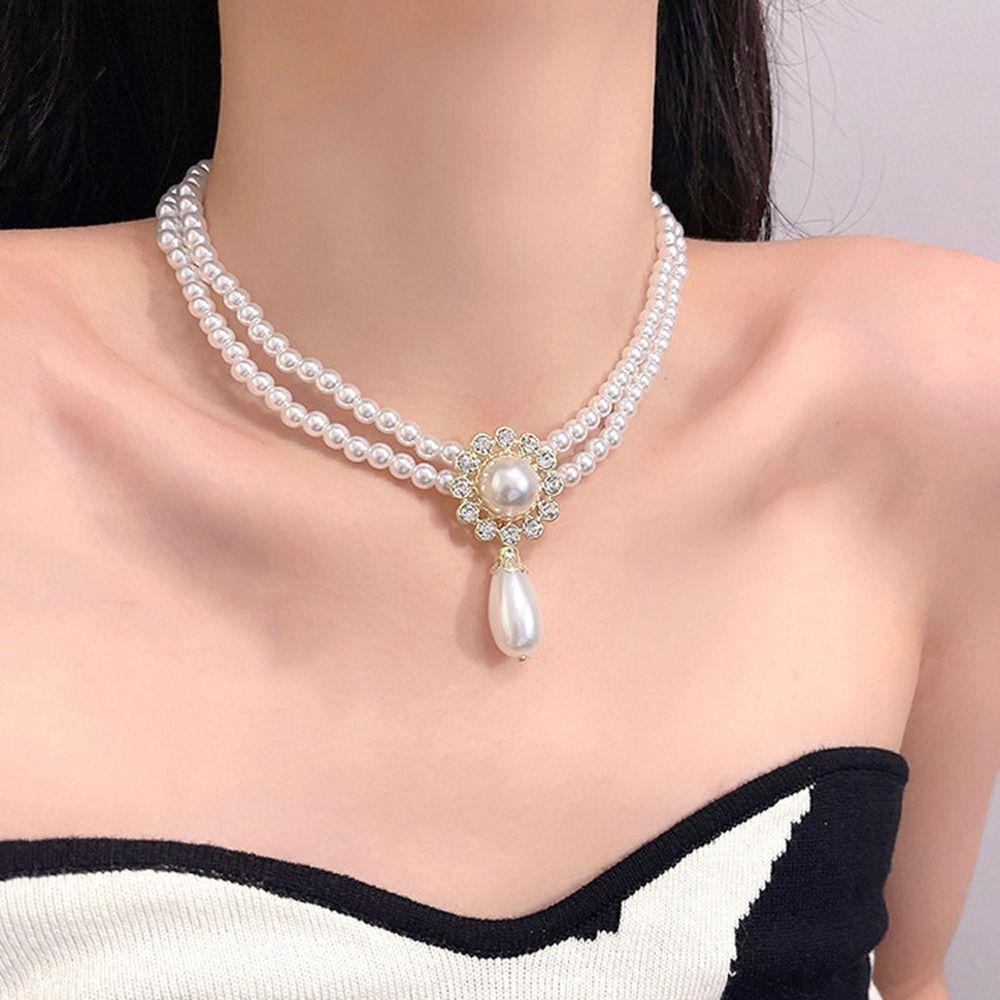 Needway  Wanita Vintage Kalung Temperamen Halus Chic Rantai Klavikula Hadiah Ulang Tahun Indah Lapisan Ganda Paduan Gadis Choker