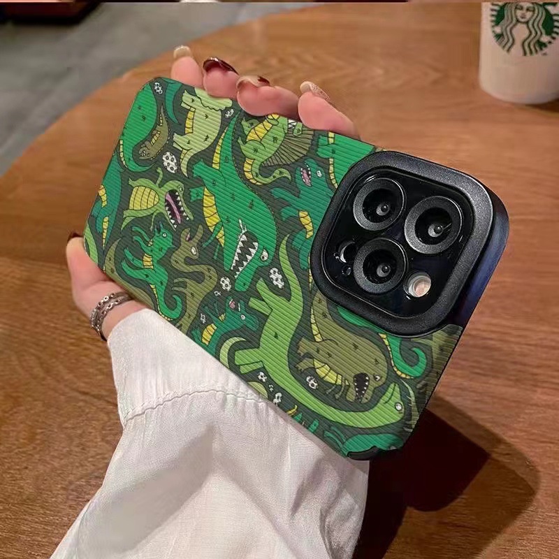 [Kulit Domba] Soft Case Kulit Untuk IPhone 6S 7plus 8plus X XS XR XS Max11 13 12 14 PRO Max 14 Plus 12 13 Mini Ins Fashion Hijau Dinosaurus Perempuan Wanita